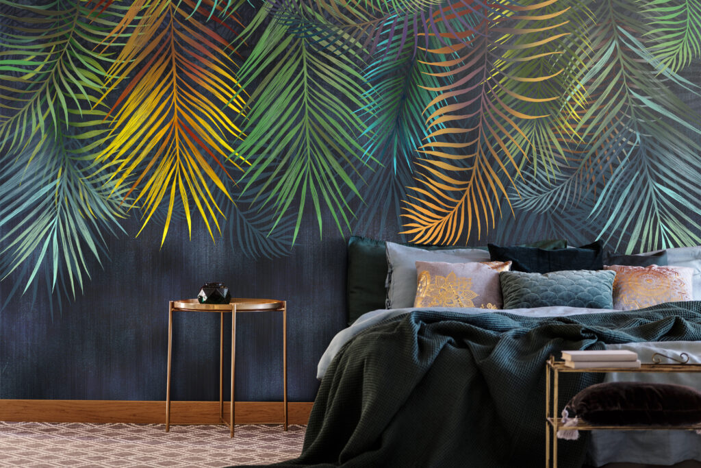 Rainbow Palm Leaf Wallpaper : Dark Tropical Fronds Mural - View 2