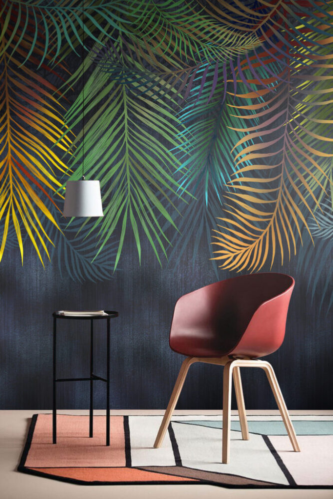Rainbow Palm Leaf Wallpaper : Dark Tropical Fronds Mural - View 4