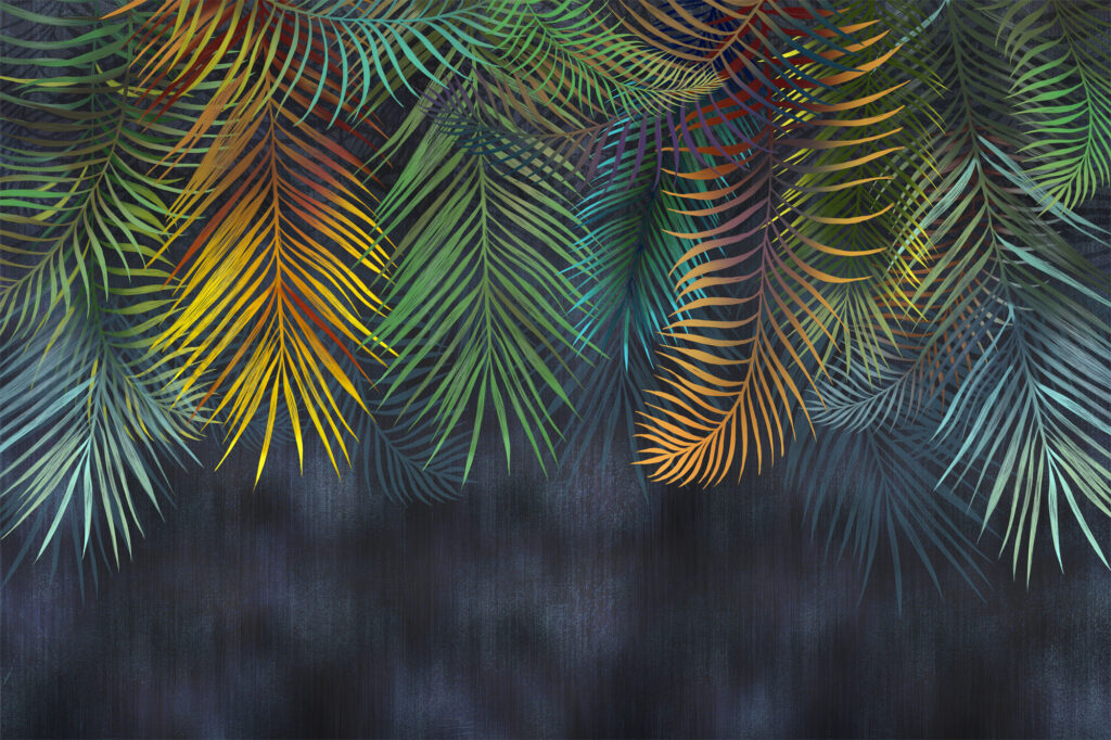 Rainbow Palm Leaf Wallpaper : Dark Tropical Fronds Mural - flat design