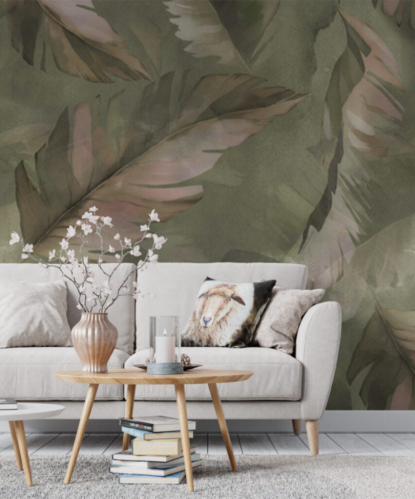 Olive Leaf Wallpaper : Large Muted Foliage Mural