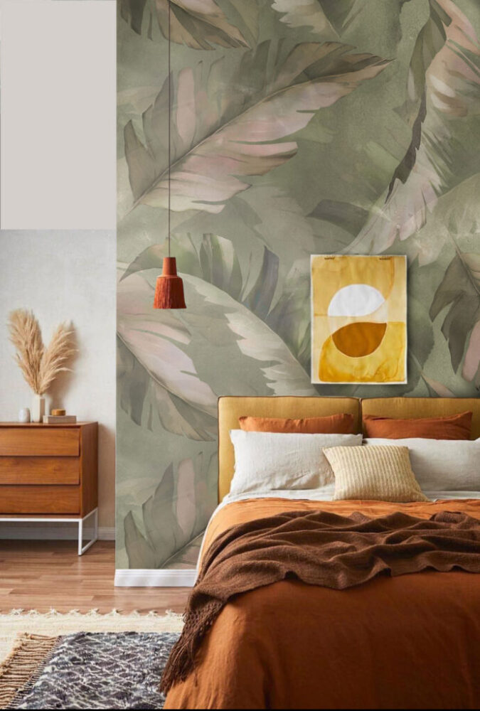 Olive Leaf Wallpaper : Large Muted Foliage Mural - View 6