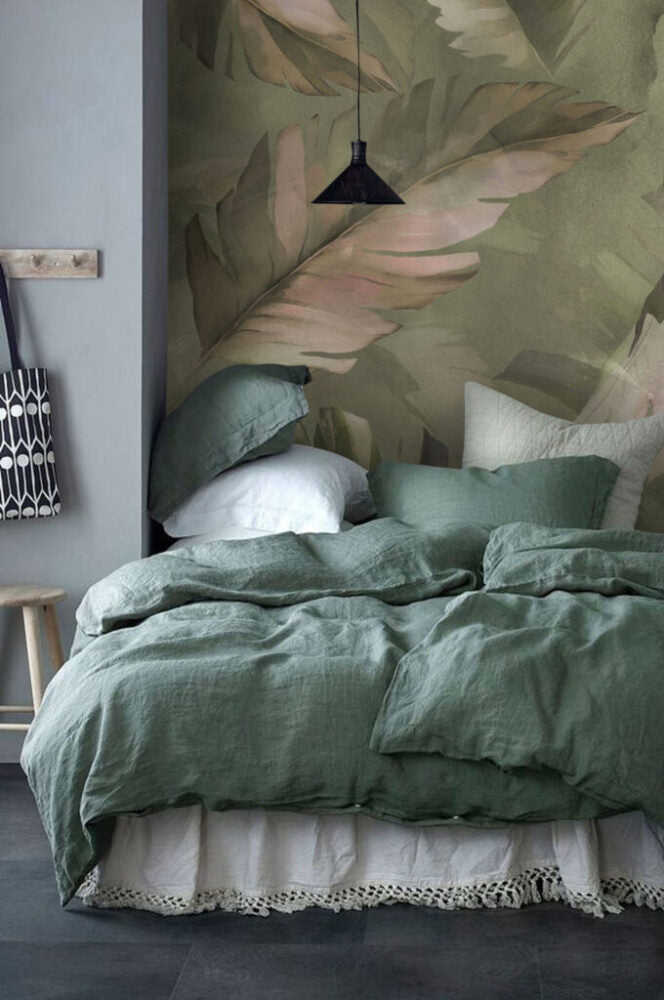 Olive Leaf Wallpaper : Large Muted Foliage Mural - View 5