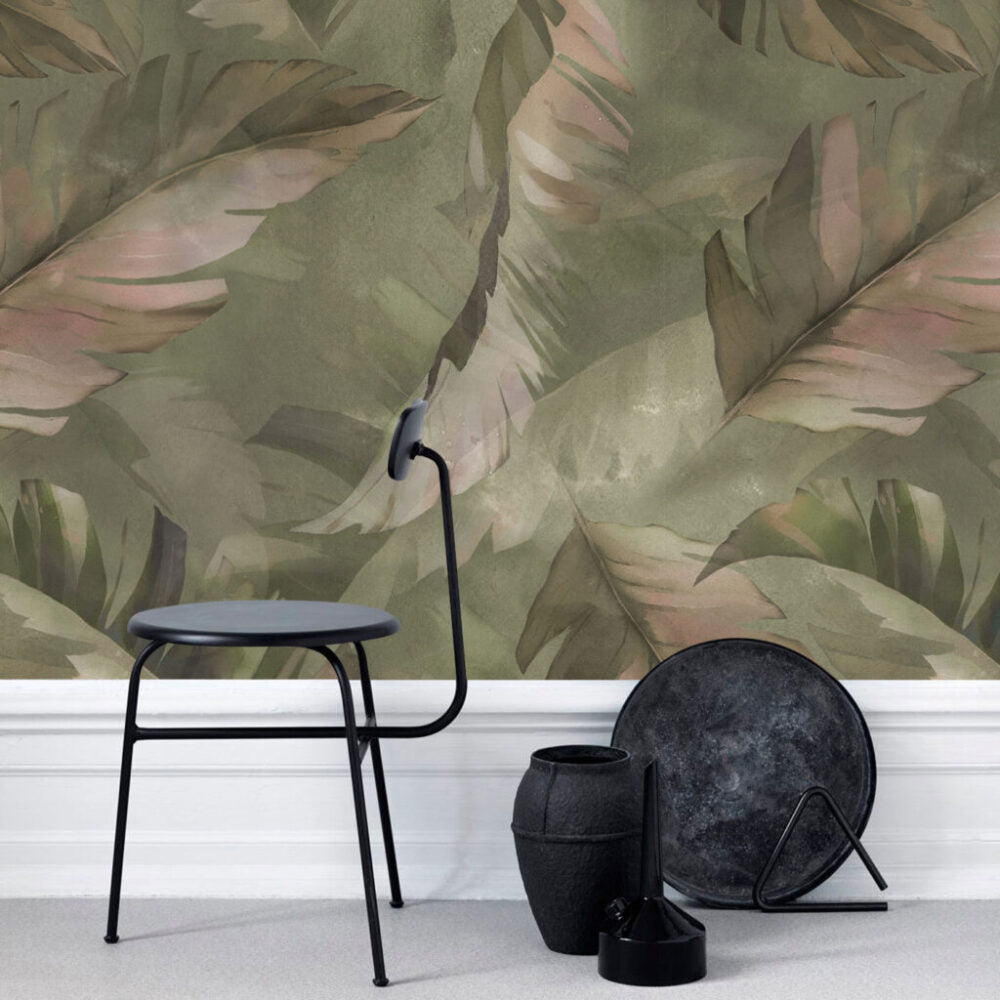 Olive Leaf Wallpaper : Large Muted Foliage Mural - View 4