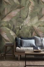 Olive Leaf Wallpaper : Large Muted Foliage Mural - View 3