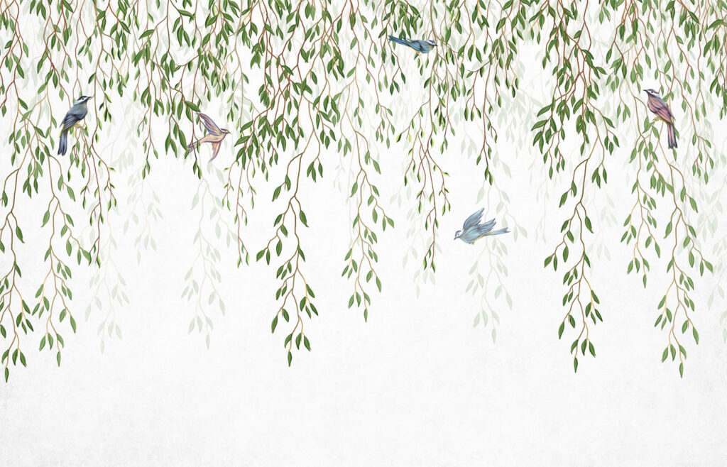 Hanging Vine Wallpaper : Willow Leaves And Birds Mural - View 2