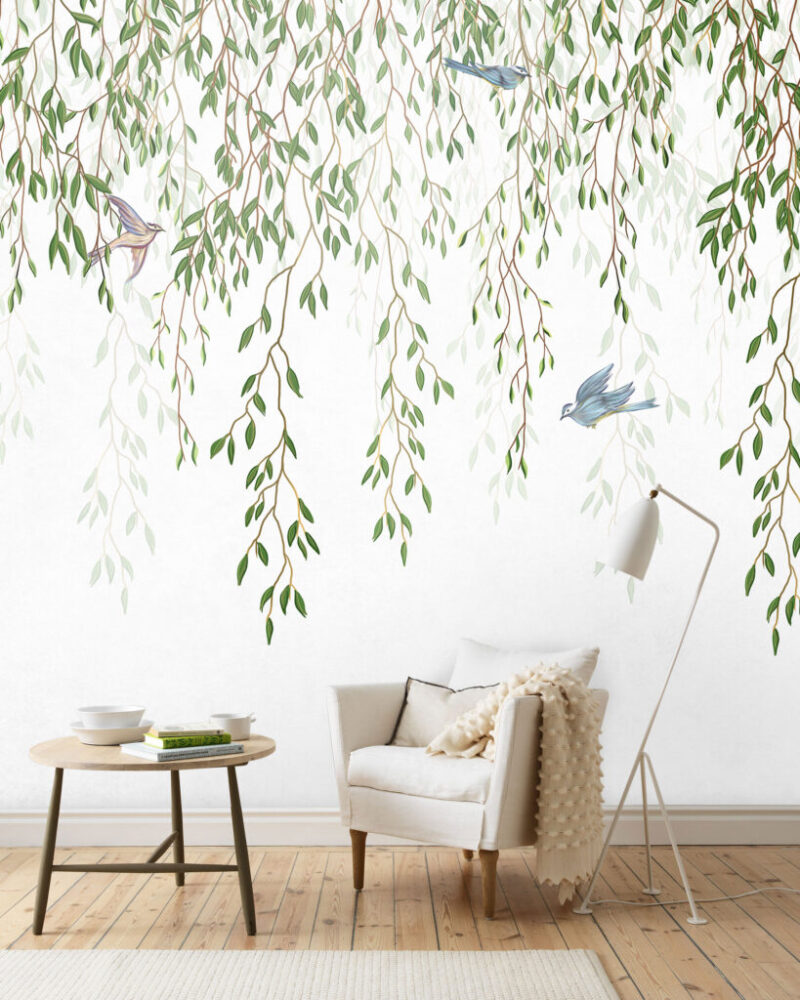Hanging Vine Wallpaper : Willow Leaves And Birds Mural - View 6