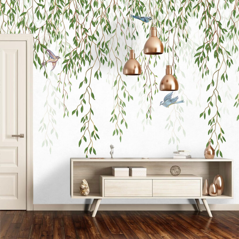 Hanging Vine Wallpaper : Willow Leaves And Birds Mural - View 5