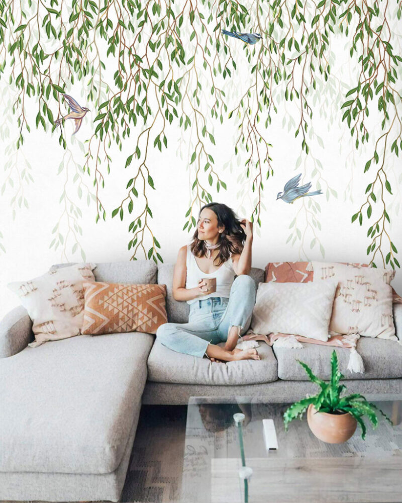 Hanging Vine Wallpaper : Willow Leaves And Birds Mural - View 4