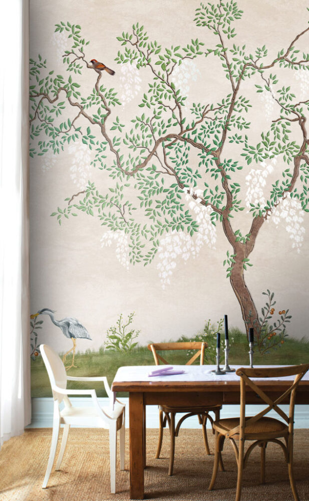 Chinoiserie Tree Wallpaper : White Blossom And Birds Mural - View 6