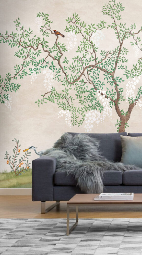 Chinoiserie Tree Wallpaper : White Blossom And Birds Mural - View 5