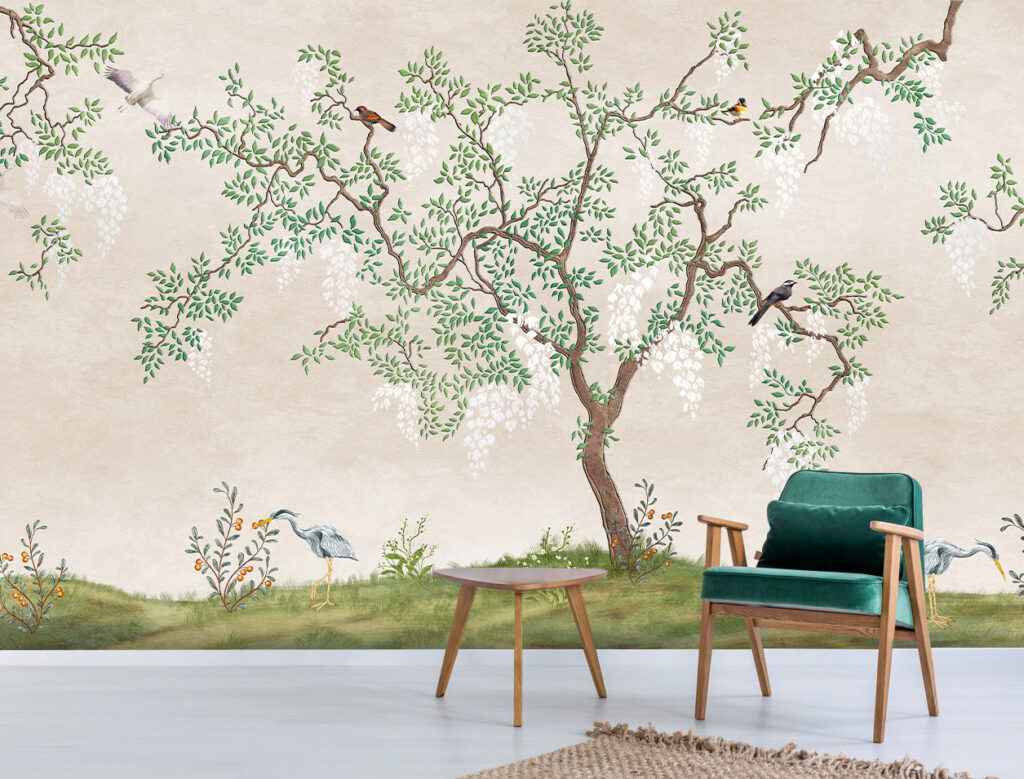 Chinoiserie Tree Wallpaper : White Blossom And Birds Mural - View 4