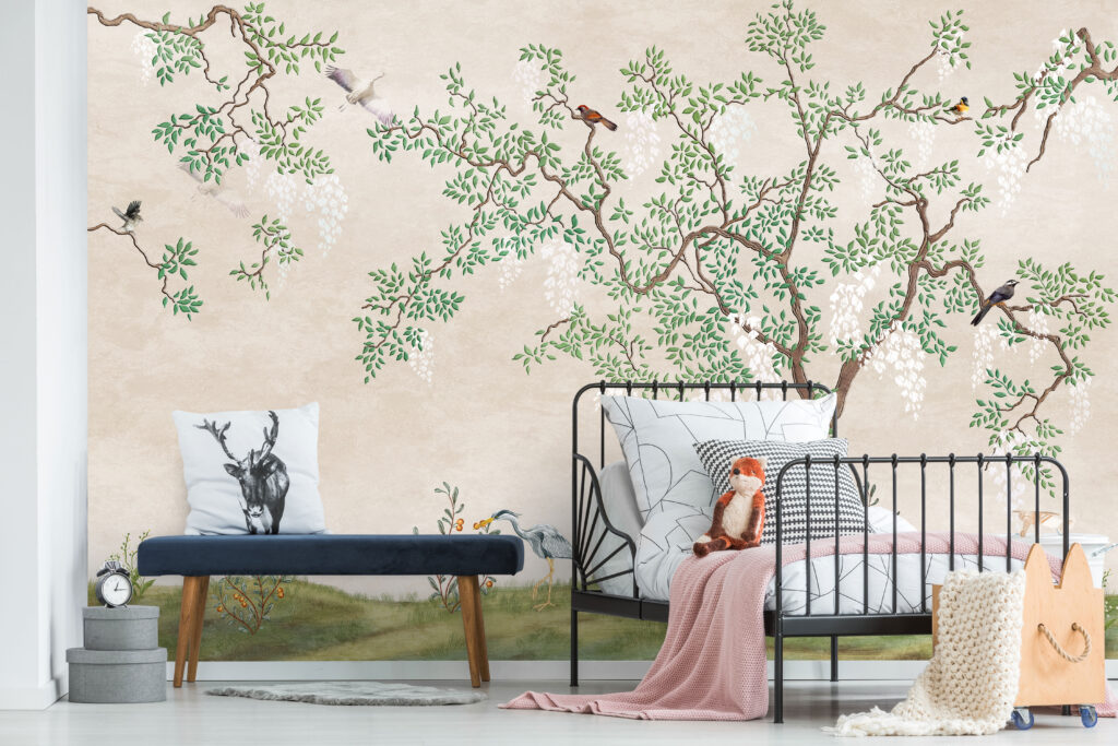 Chinoiserie Tree Wallpaper : White Blossom And Birds Mural - View 3