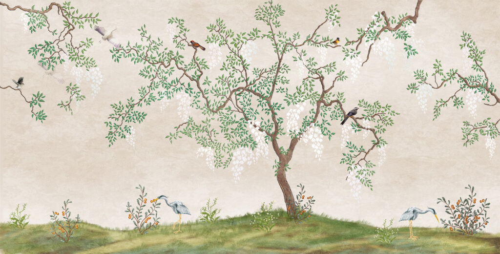 Chinoiserie Tree Wallpaper : White Blossom And Birds Mural - View 2