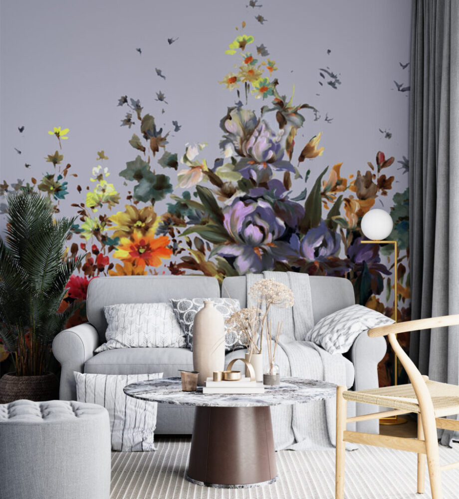 Oil Painted Floral Wallpaper : Purple Iris Bouquet Mural