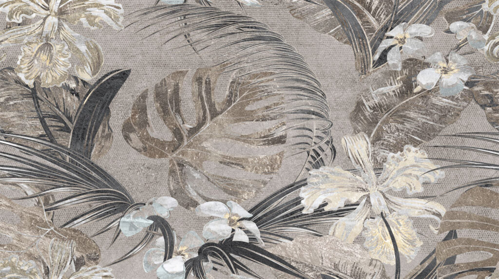 Grey Textured Leaf Wallpaper : Lace Foliage Mural - View 2