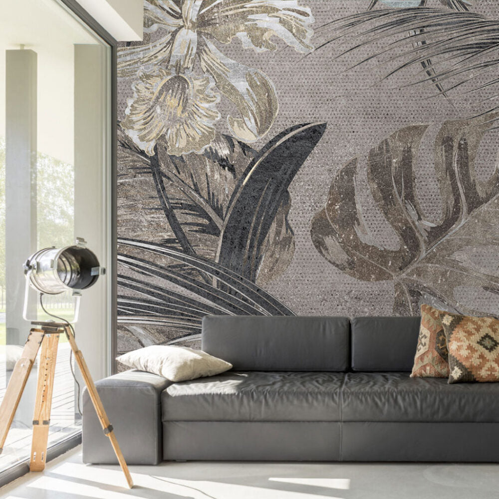 Grey Textured Leaf Wallpaper : Lace Foliage Mural - View 4