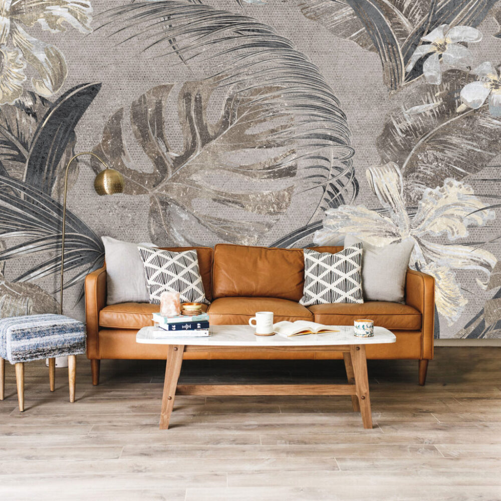 Grey Textured Leaf Wallpaper : Lace Foliage Mural - View 6