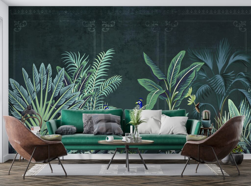Peacock Jungle Wallpaper : Dark Green Tropical Mural