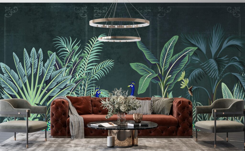 Peacock Jungle Wallpaper : Dark Green Tropical Mural - View 2