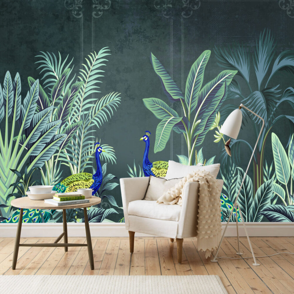 Peacock Jungle Wallpaper : Dark Green Tropical Mural - View 3