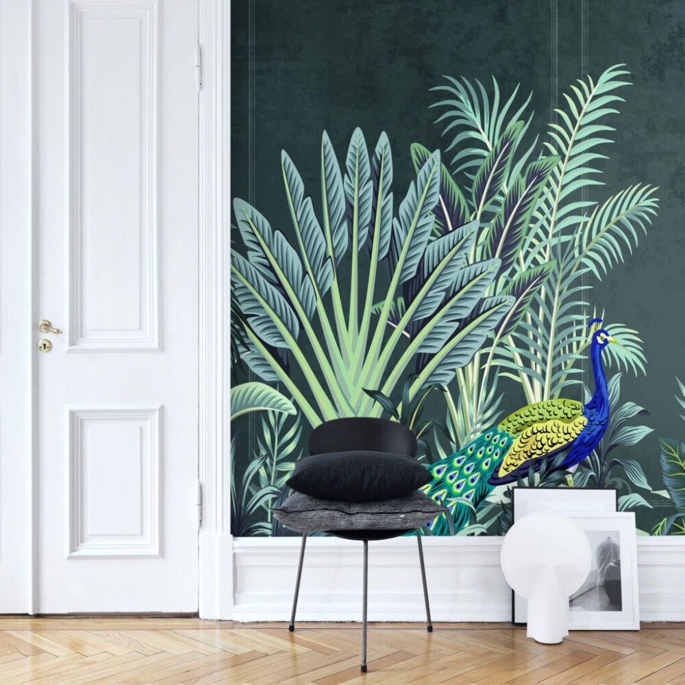 Peacock Jungle Wallpaper : Dark Green Tropical Mural - View 4