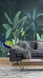 Peacock Jungle Wallpaper : Dark Green Tropical Mural - View 5