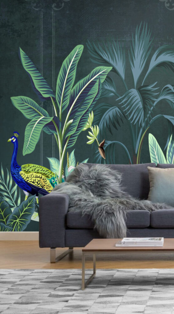 Peacock Jungle Wallpaper : Dark Green Tropical Mural - View 5