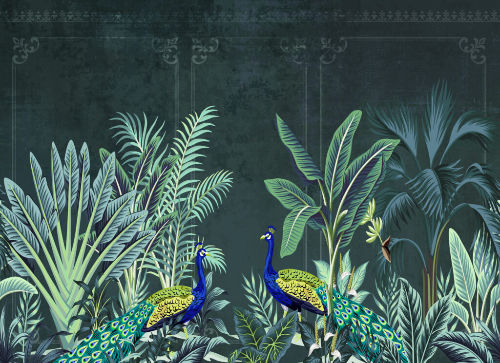 Peacock Jungle Wallpaper : Dark Green Tropical Mural - flat design