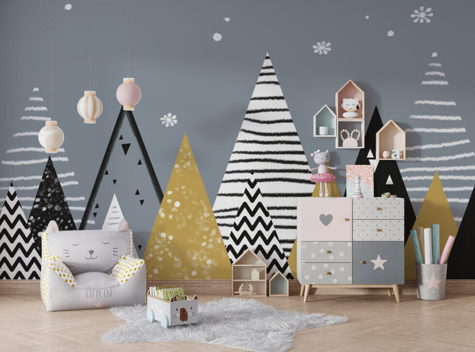 Scandi Mountain Wallpaper : Black, White and Gold Peaks Mural