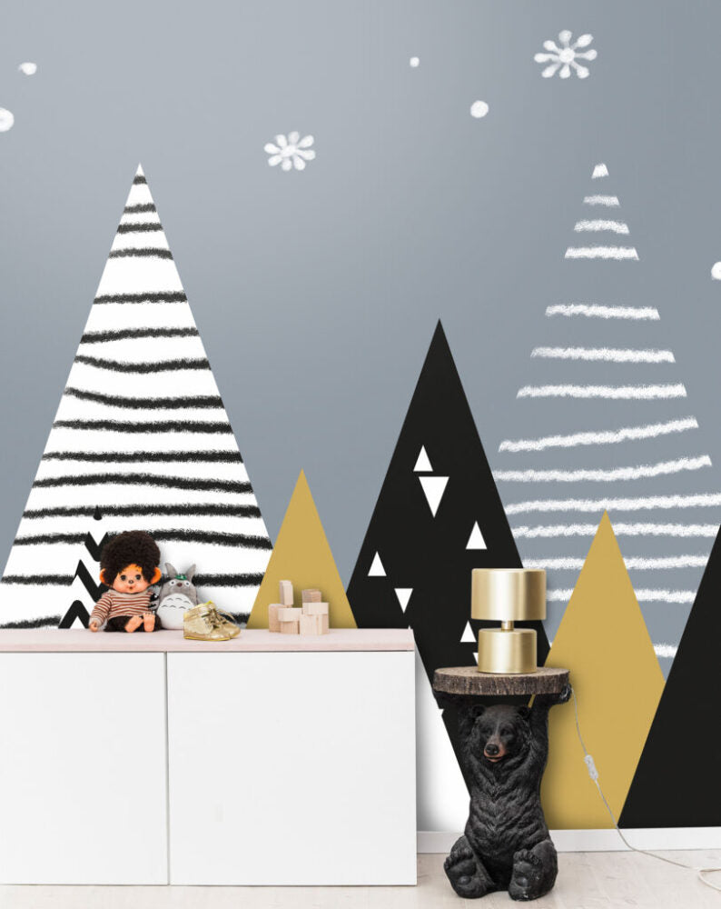 Scandi Mountain Wallpaper : Black, White and Gold Peaks Mural - View 5