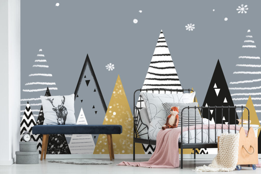 Scandi Mountain Wallpaper : Black, White and Gold Peaks Mural - View 2