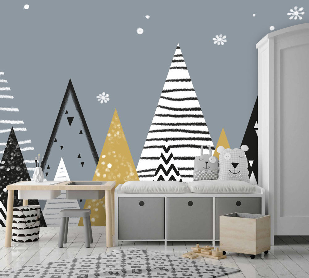 Scandi Mountain Wallpaper : Black, White and Gold Peaks Mural - View 3