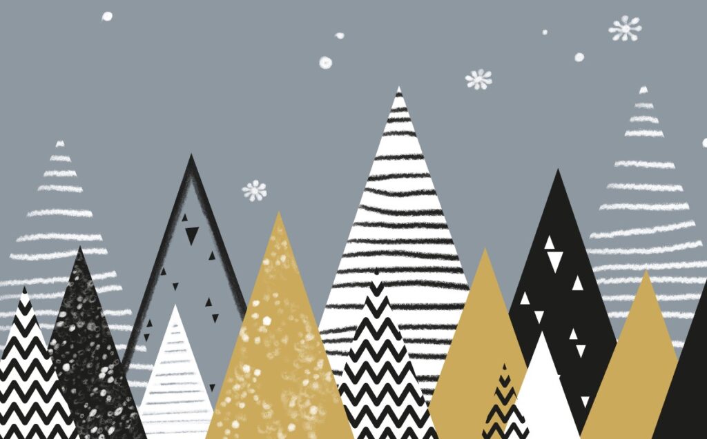 Scandi Mountain Wallpaper : Black, White and Gold Peaks Mural - flat design