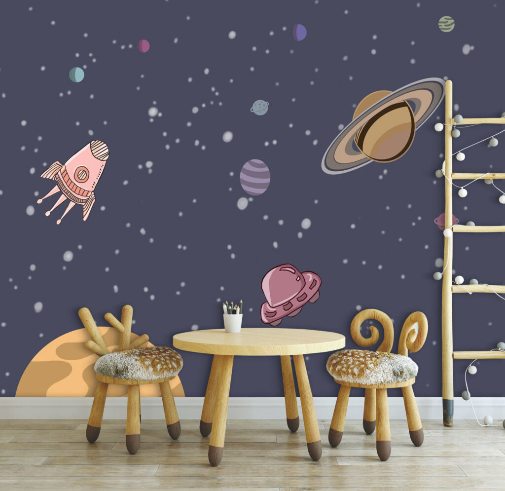 Rocket and Planets Wallpaper : Kids Outer Space Mural - View 2