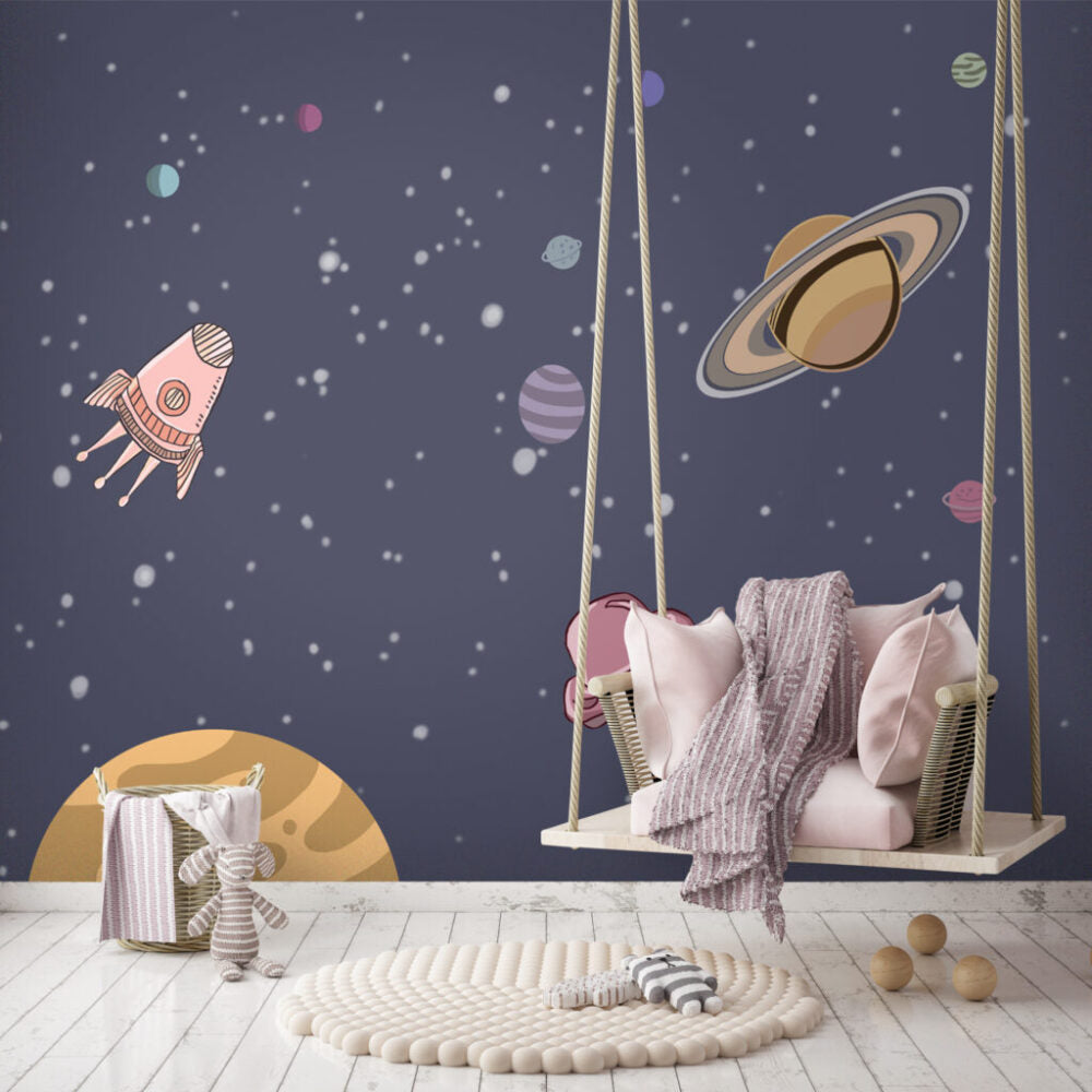 Rocket and Planets Wallpaper : Kids Outer Space Mural - View 3