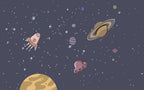 Rocket and Planets Wallpaper : Kids Outer Space Mural - flat design