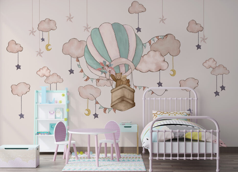 Teddy Bear Balloon Wallpaper : Blush Clouds Nursery Mural