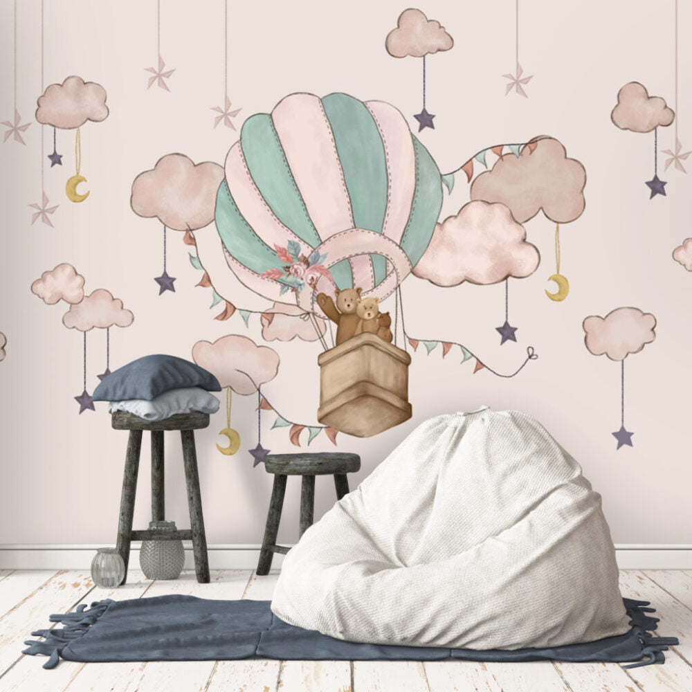Teddy Bear Balloon Wallpaper : Blush Clouds Nursery Mural - View 5