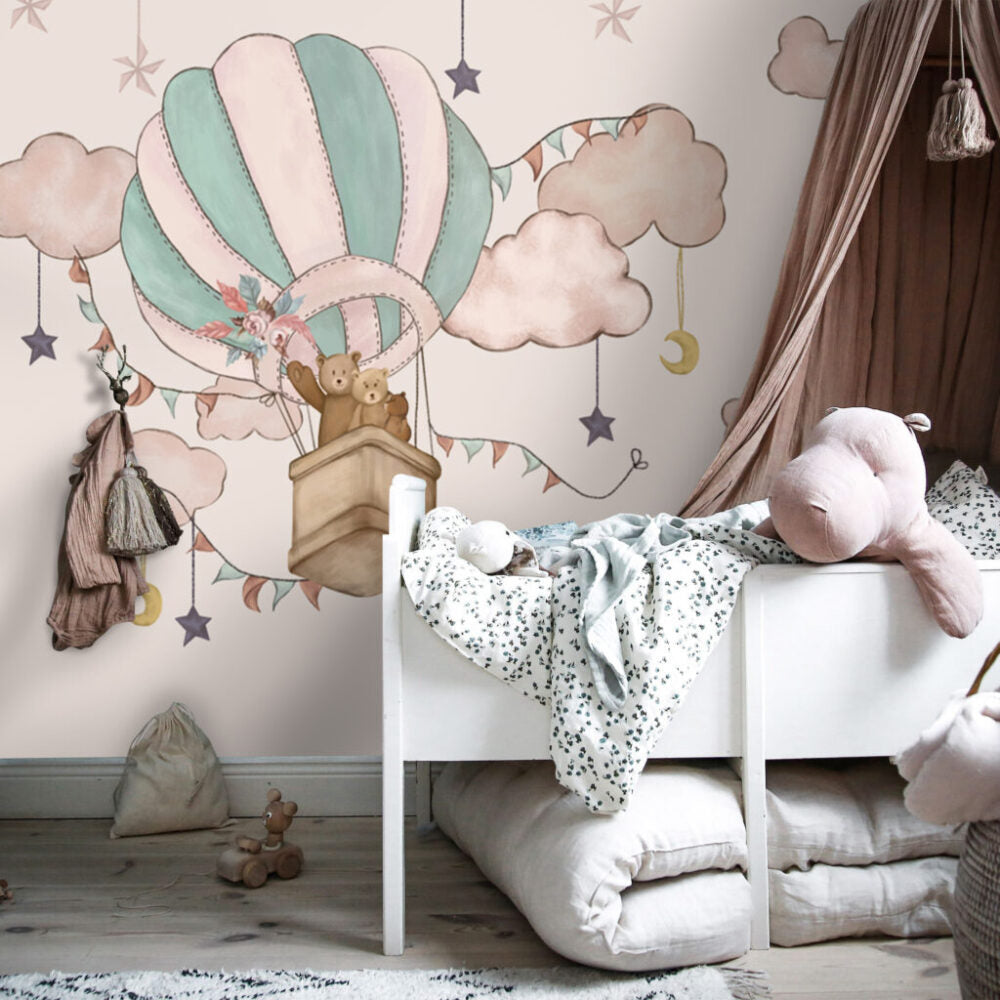 Teddy Bear Balloon Wallpaper : Blush Clouds Nursery Mural - View 4