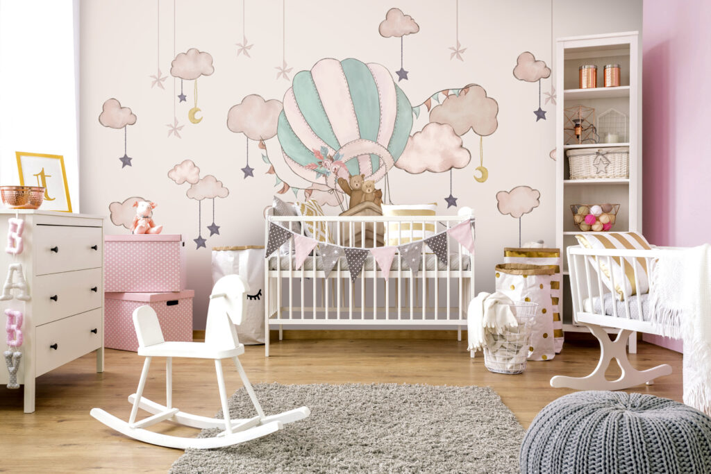 Teddy Bear Balloon Wallpaper : Blush Clouds Nursery Mural - View 2