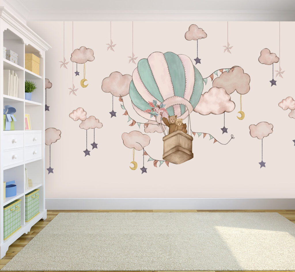 Teddy Bear Balloon Wallpaper : Blush Clouds Nursery Mural - View 3