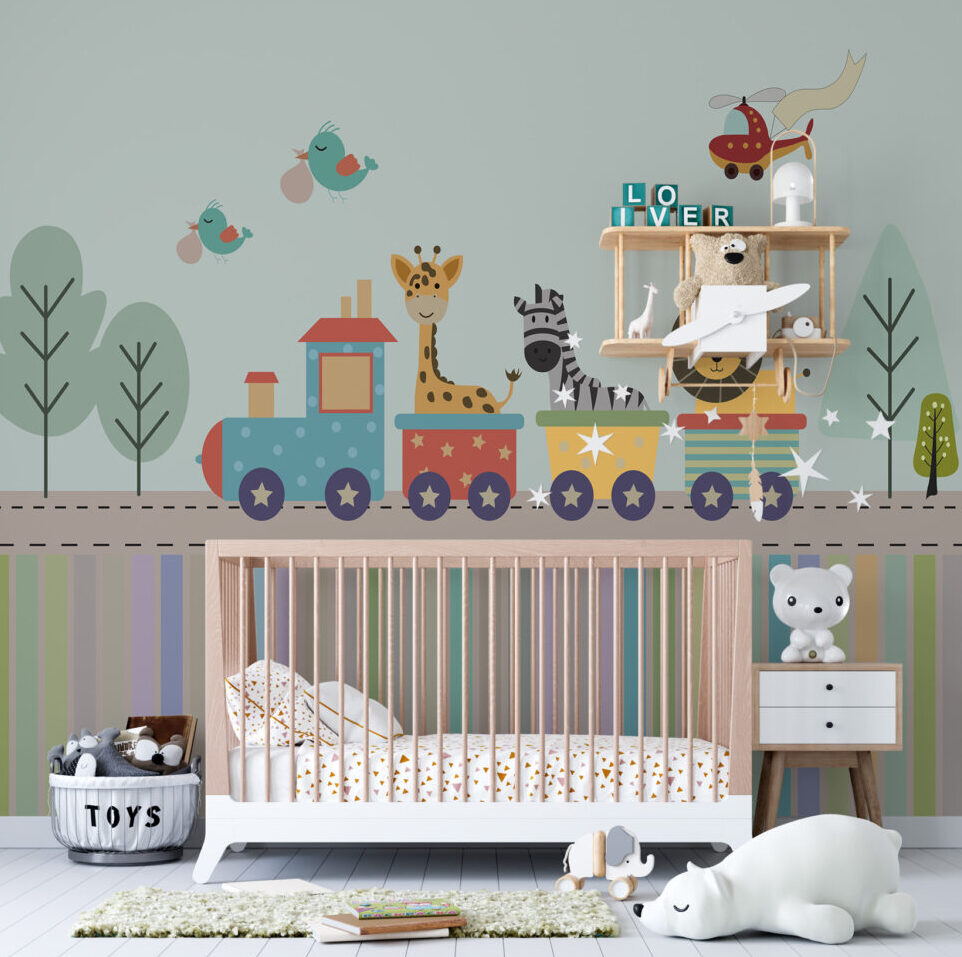 Animal Toy Train Wallpaper : Kids Colorful Railway Mural