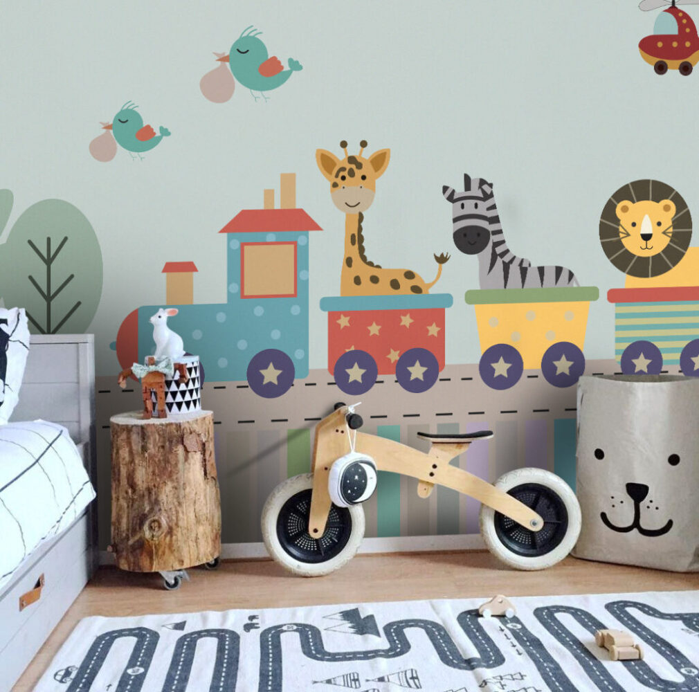 Animal Toy Train Wallpaper : Kids Colorful Railway Mural - View 5