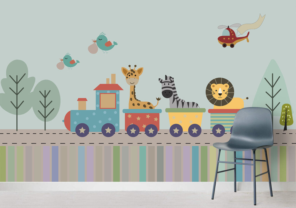 Animal Toy Train Wallpaper : Kids Colorful Railway Mural - View 4