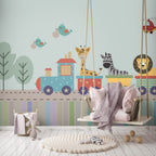 Animal Toy Train Wallpaper : Kids Colorful Railway Mural - View 2