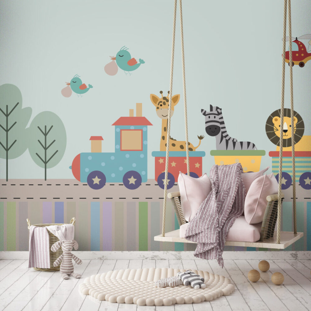 Animal Toy Train Wallpaper : Kids Colorful Railway Mural - View 2