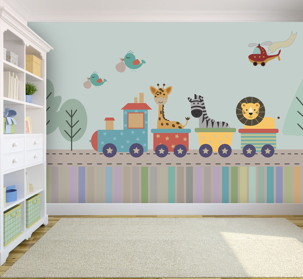 Animal Toy Train Wallpaper : Kids Colorful Railway Mural - View 3