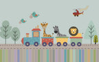 Animal Toy Train Wallpaper : Kids Colorful Railway Mural - flat design