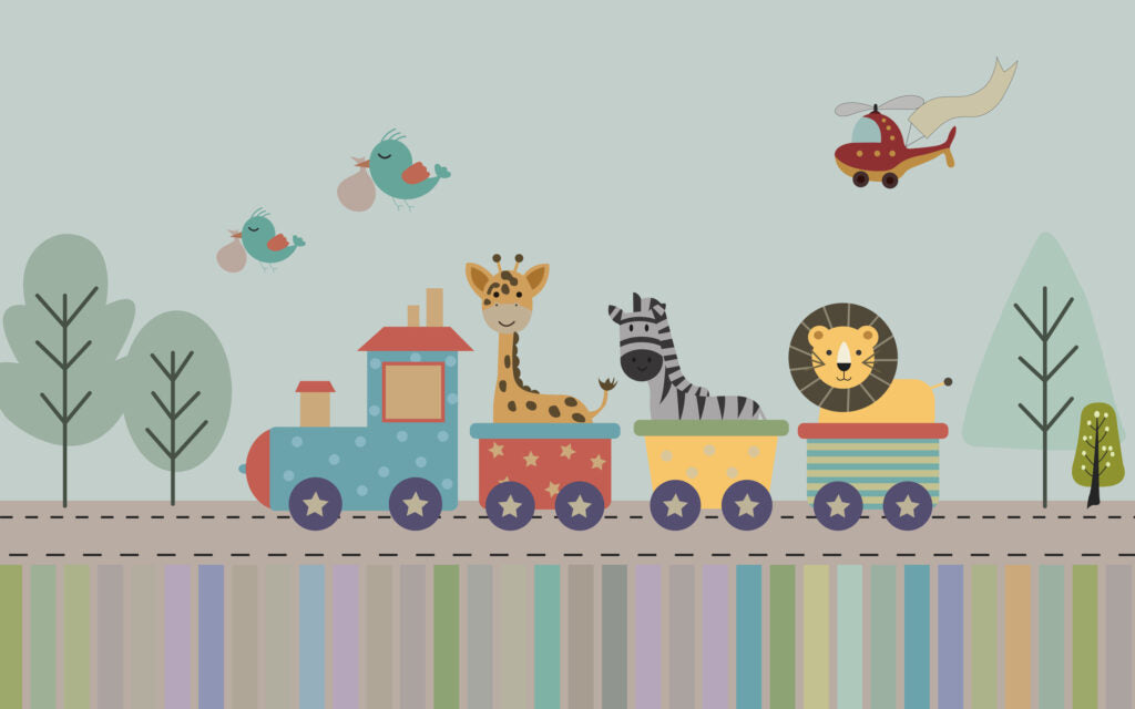 Animal Toy Train Wallpaper : Kids Colorful Railway Mural - flat design