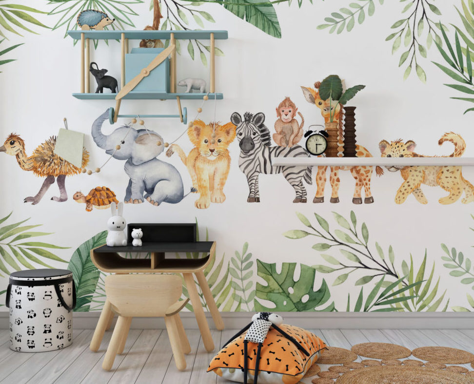 Safari Baby Animals Wallpaper : Watercolor Jungle Nursery Mural